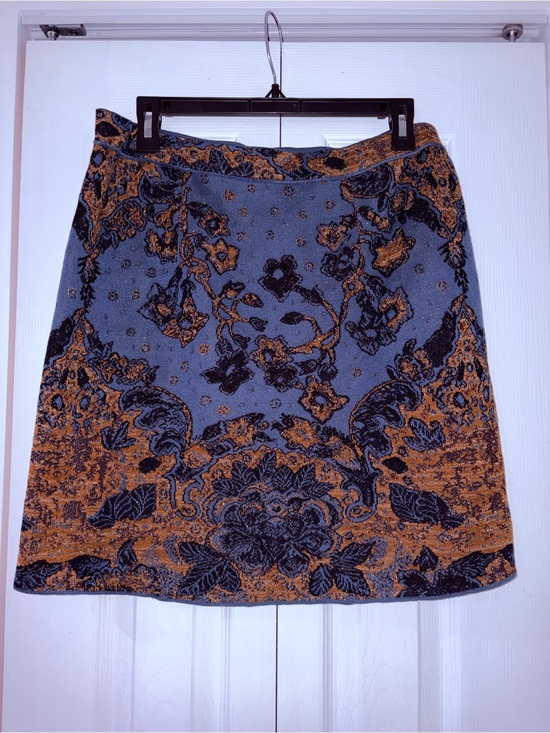Peruvian Connection Dresses & Skirts - Peruvian Connection Knit A-Line Skirt Blue Gold Floral Jacquard Tapestry Size LG
